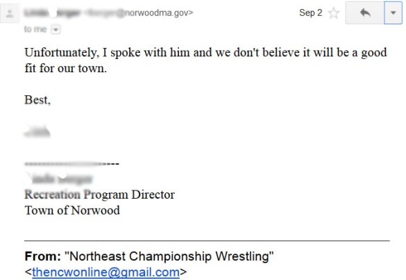 Our e-mail received from the Norwood Rec Dept.